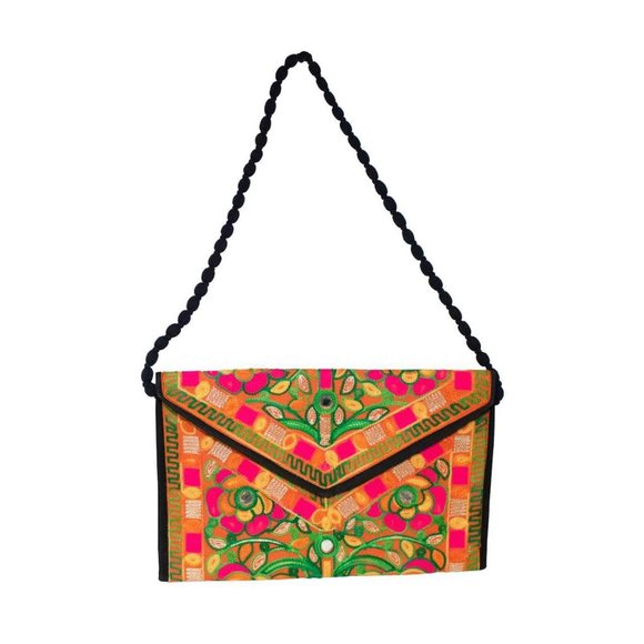 Banjara Rabari Style Mirrored Envelope Clutch Bag Orange Pink Green Boho Hippie - Picture 1 of 3
